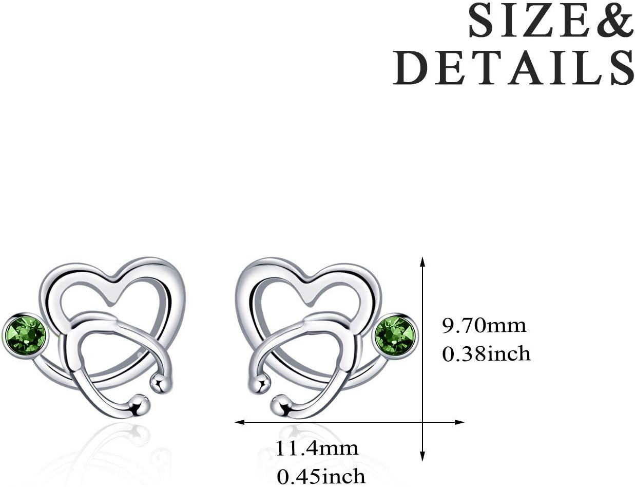 Nurse Earrings 925 Sterling Silver Stethoscope Studs Earrings Simulated 12 Months Birthstone Crystal from Austria, Graduation Jewelry Gifts for Nurse Doctor RN Medical Student