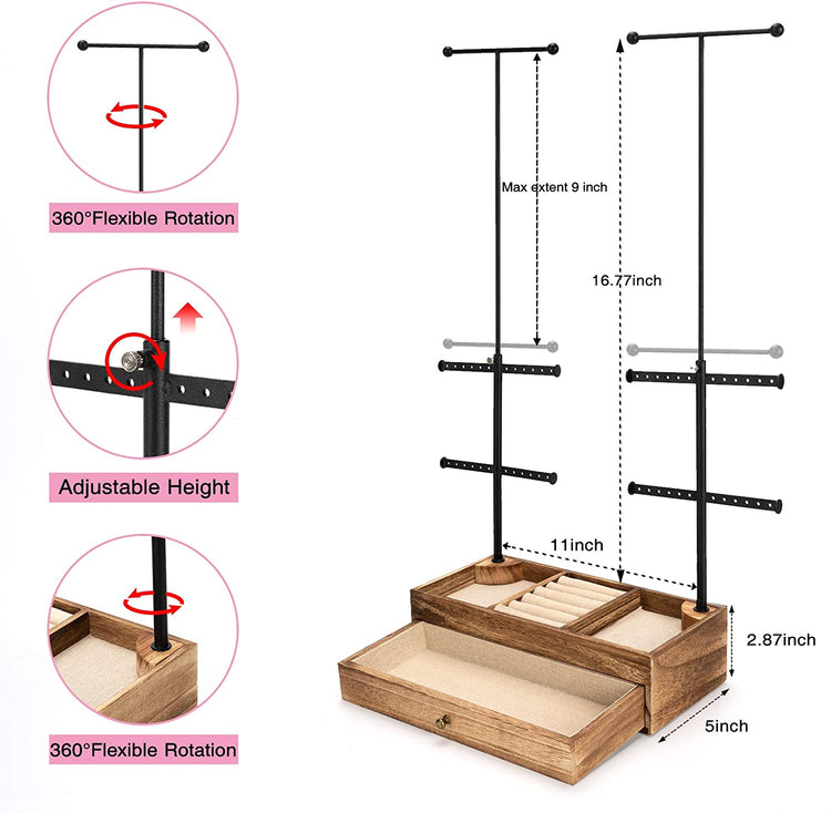 Jewelry Organizer Stand Wood Basic Jewelry Drawer Storage Box with Double Rods & 6 Tier Jewelry Tree Stand Holder for Necklaces Bracelet Earring Ring Display(Carbonized Black)