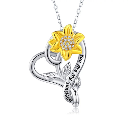 925 Sterling Silver Heart Pendant Necklace with Sunflower Design - Elegant Jewelry Gift for Women, Moms, Daughters, and Wives