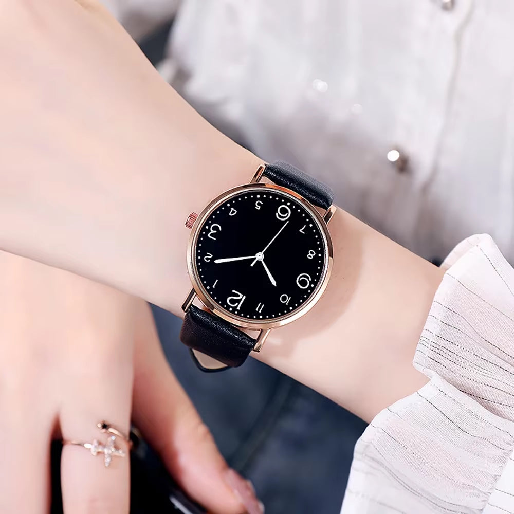 New Simple Vintage Digital Face Leather Belt Woman Watch round Leisure Student Quartz Watchs Wear Matching Women'S Wristwatch