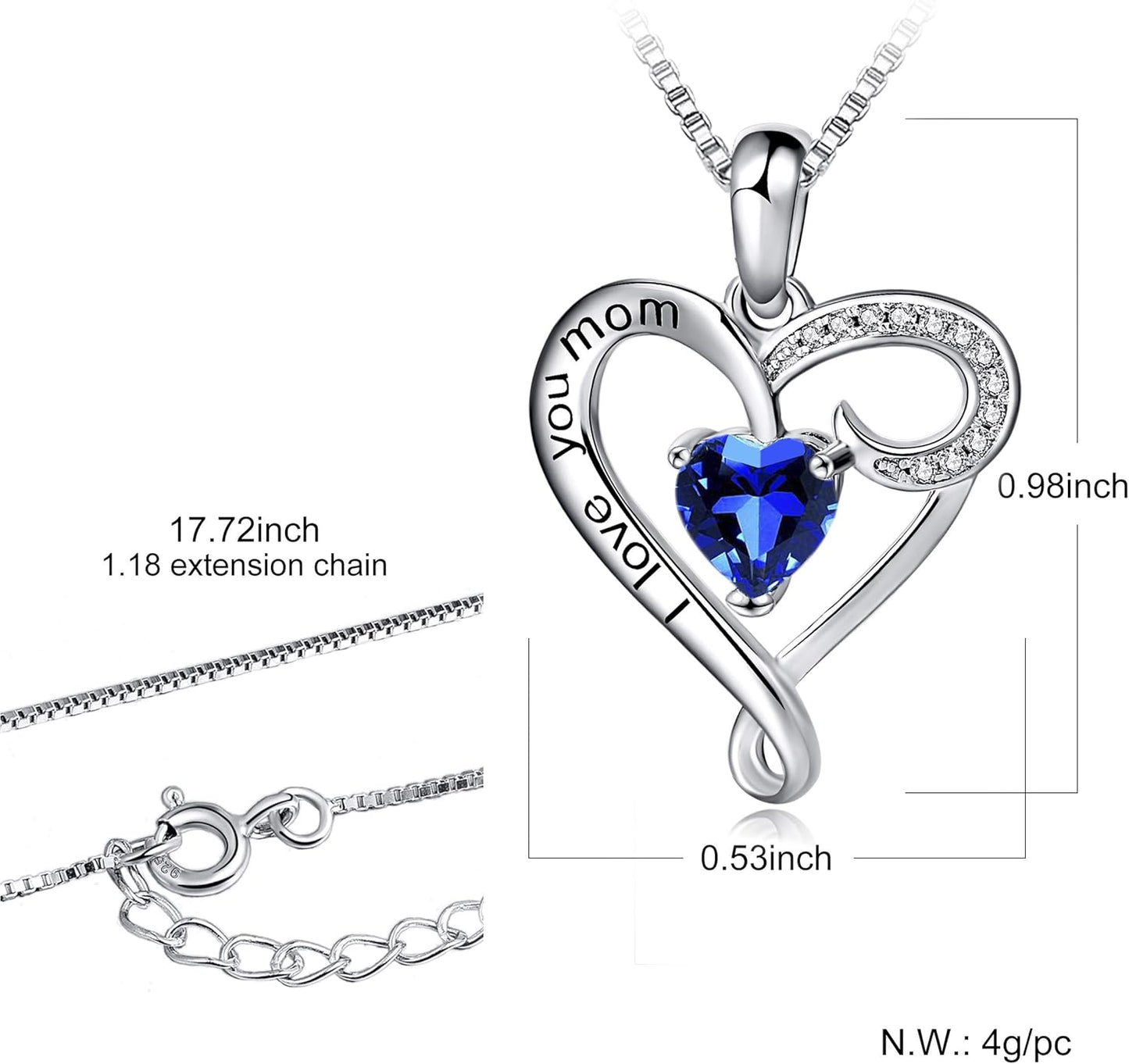 Mother'S Birthday Gift I Love You Mom S925 Sterling Silver Heart Pendant Necklace