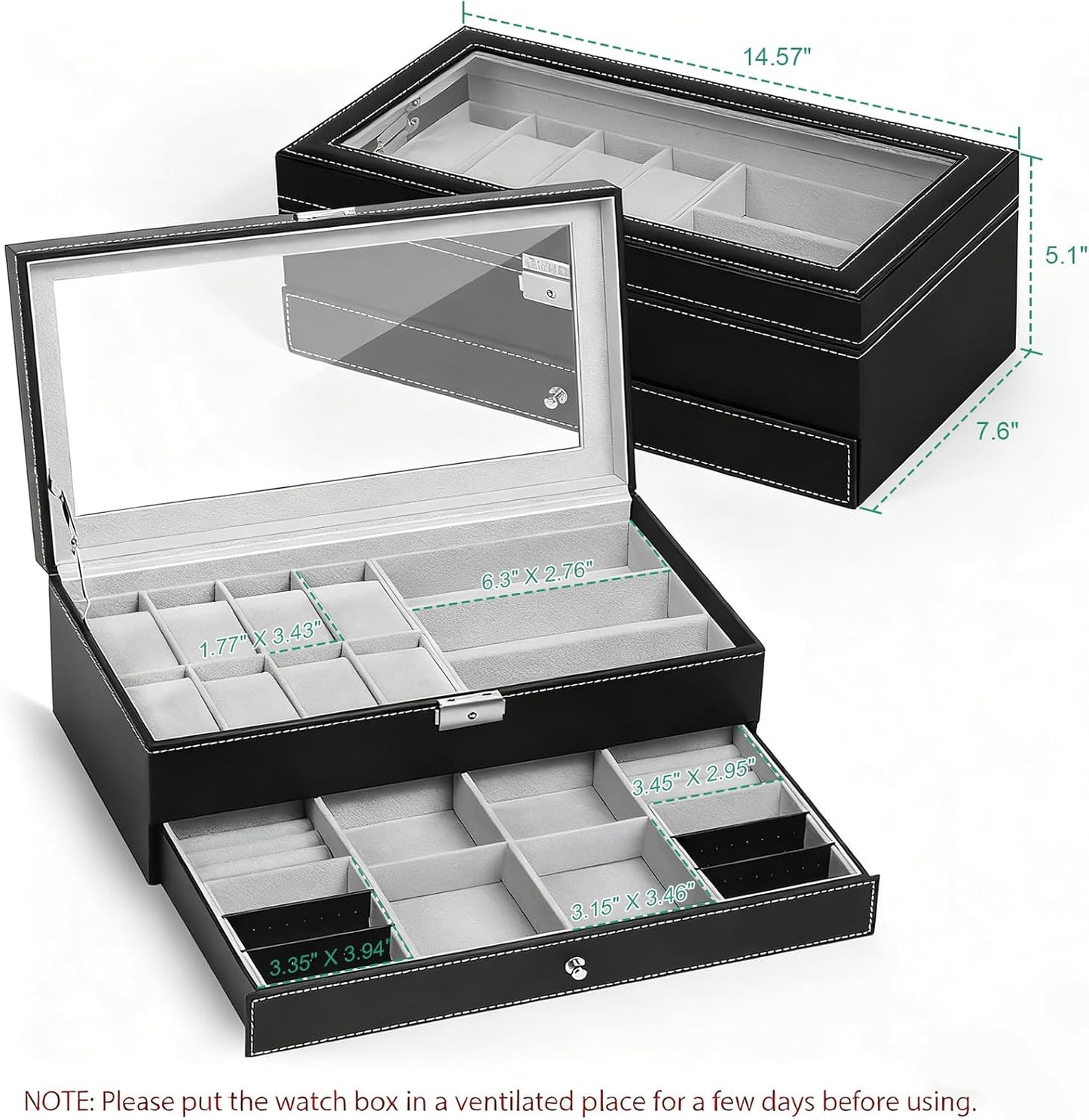 Watch Box Watch Case Jewelry Organizer Holder Jewelry Display Box Case Sunglasses Storage Organizer Lockable with Glass Top and PU Leather for Men Women, Black