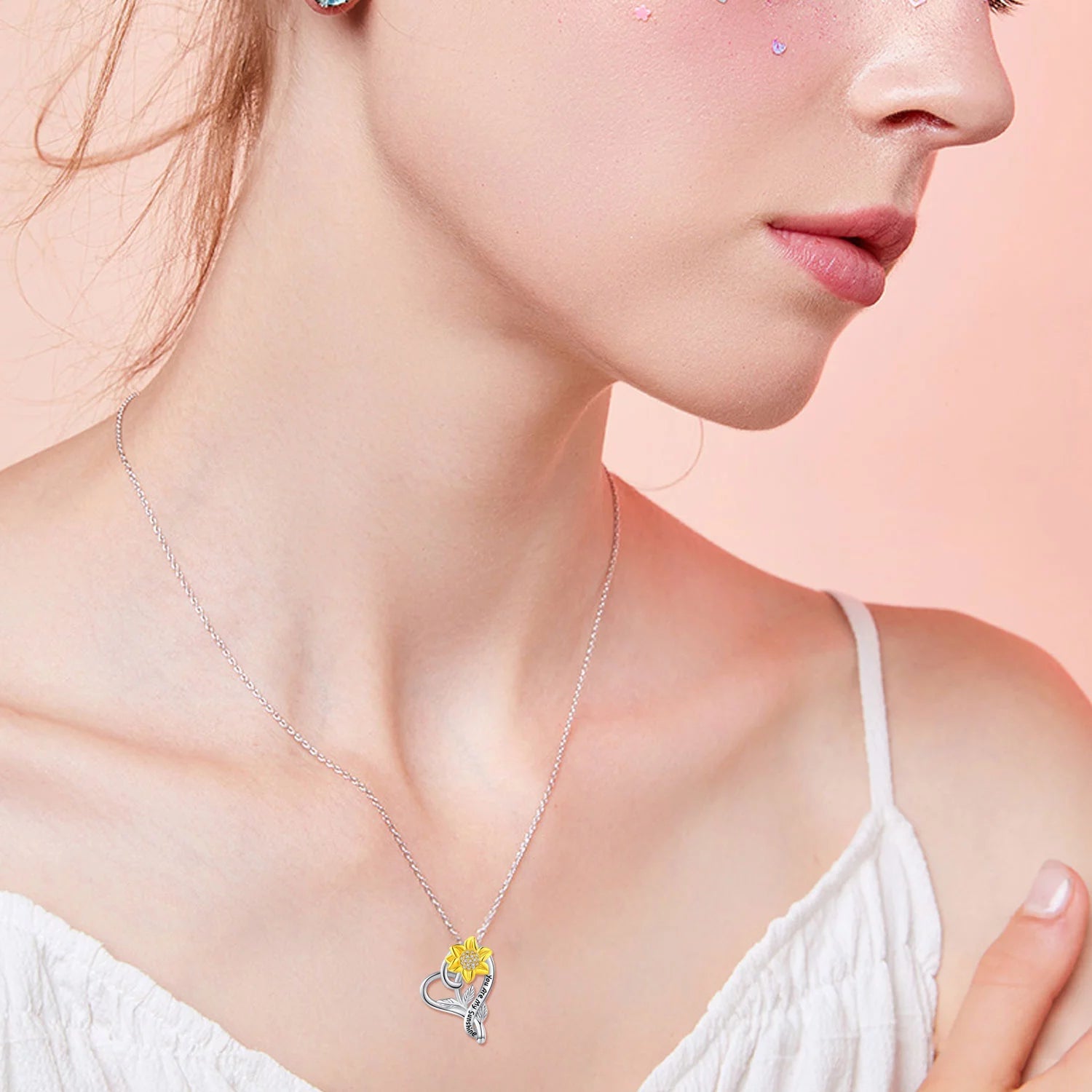 925 Sterling Silver Heart Pendant Necklace with Sunflower Design - Elegant Jewelry Gift for Women, Moms, Daughters, and Wives