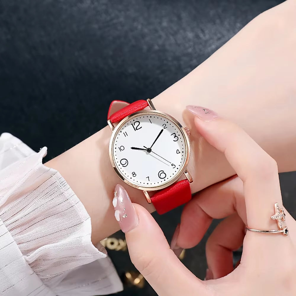 New Simple Vintage Digital Face Leather Belt Woman Watch round Leisure Student Quartz Watchs Wear Matching Women'S Wristwatch