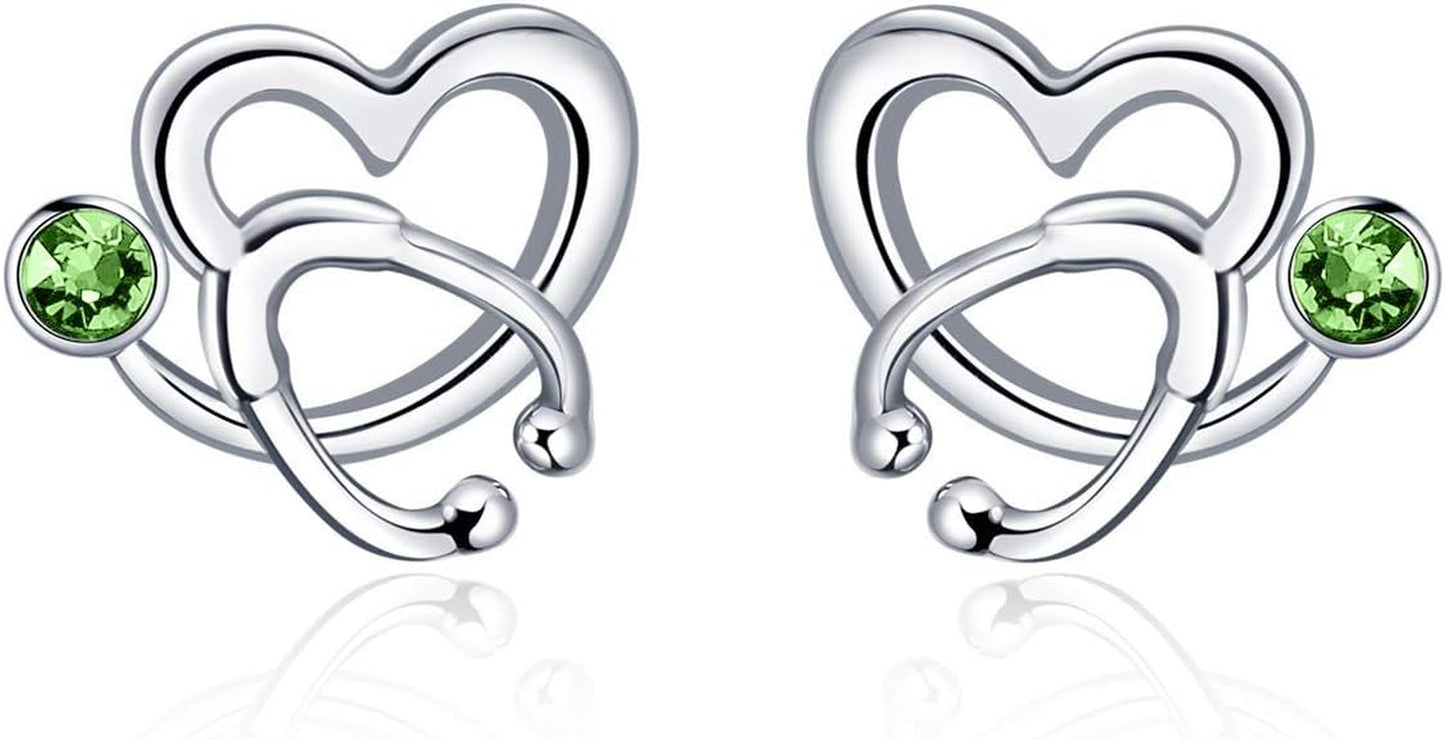 Nurse Earrings 925 Sterling Silver Stethoscope Studs Earrings Simulated 12 Months Birthstone Crystal from Austria, Graduation Jewelry Gifts for Nurse Doctor RN Medical Student
