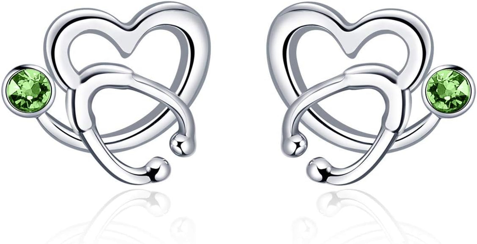 Nurse Earrings 925 Sterling Silver Stethoscope Studs Earrings Simulated 12 Months Birthstone Crystal from Austria, Graduation Jewelry Gifts for Nurse Doctor RN Medical Student