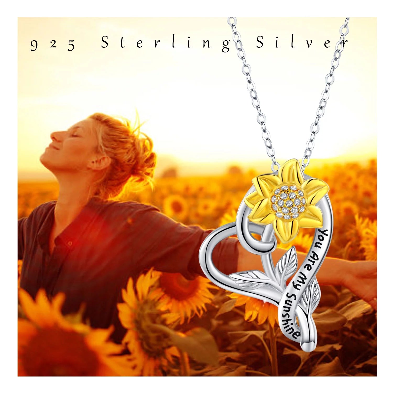 925 Sterling Silver Heart Pendant Necklace with Sunflower Design - Elegant Jewelry Gift for Women, Moms, Daughters, and Wives
